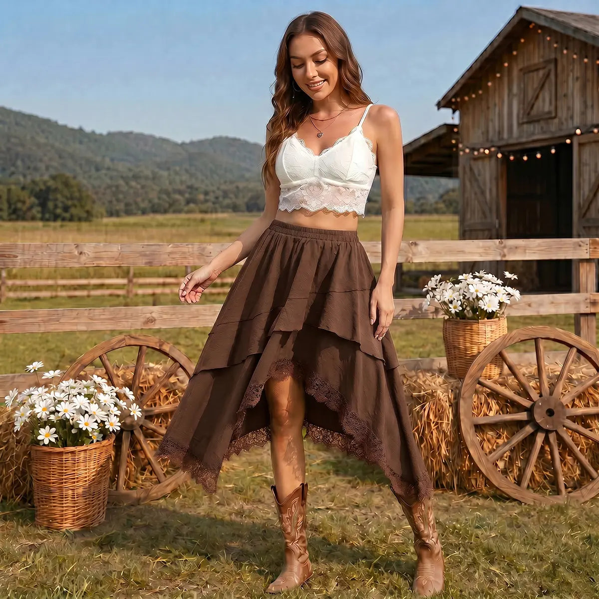 Florboom Women's Boho High Waist Tiered Midi Skirt Flowy High Low Lace Trim Midi Skirt Elastic Waist Ruffle Layered A-Line Summer Beach Western Country Skirt