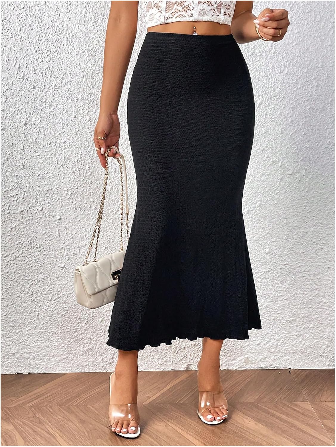 WDIRARA Women's High Waisted Fishtail Skirt Textured Ruffle Bodycon Long Skirts