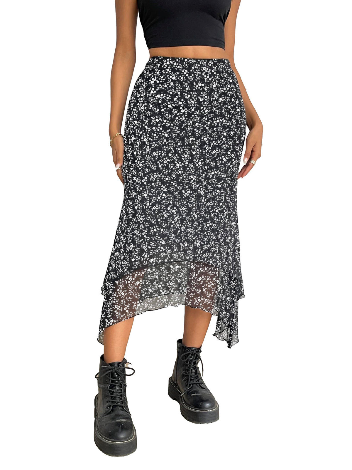 Avanova Women Mesh Asymmetrical Mermaid Midi Skirt High Waist Fishtail Long Skirt