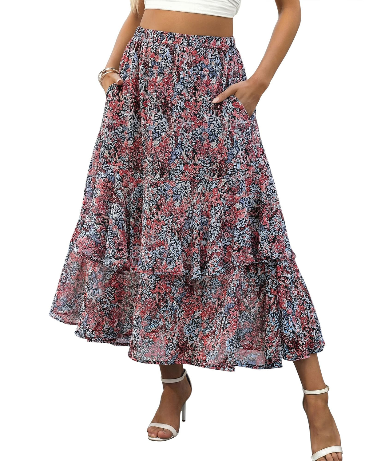 luvamia Long Skirts for Women Floral Flowy Boho Tiered Ruffle A Line Summer Chiffon Elastic Waist Maxi Skirt with Pocket