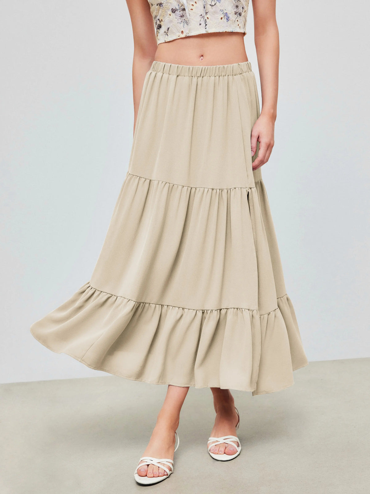 Cider Solid Elastic Waist Ruffle Hem Tiered Maxi Skirt,clothes for back to school,first day of school outfits