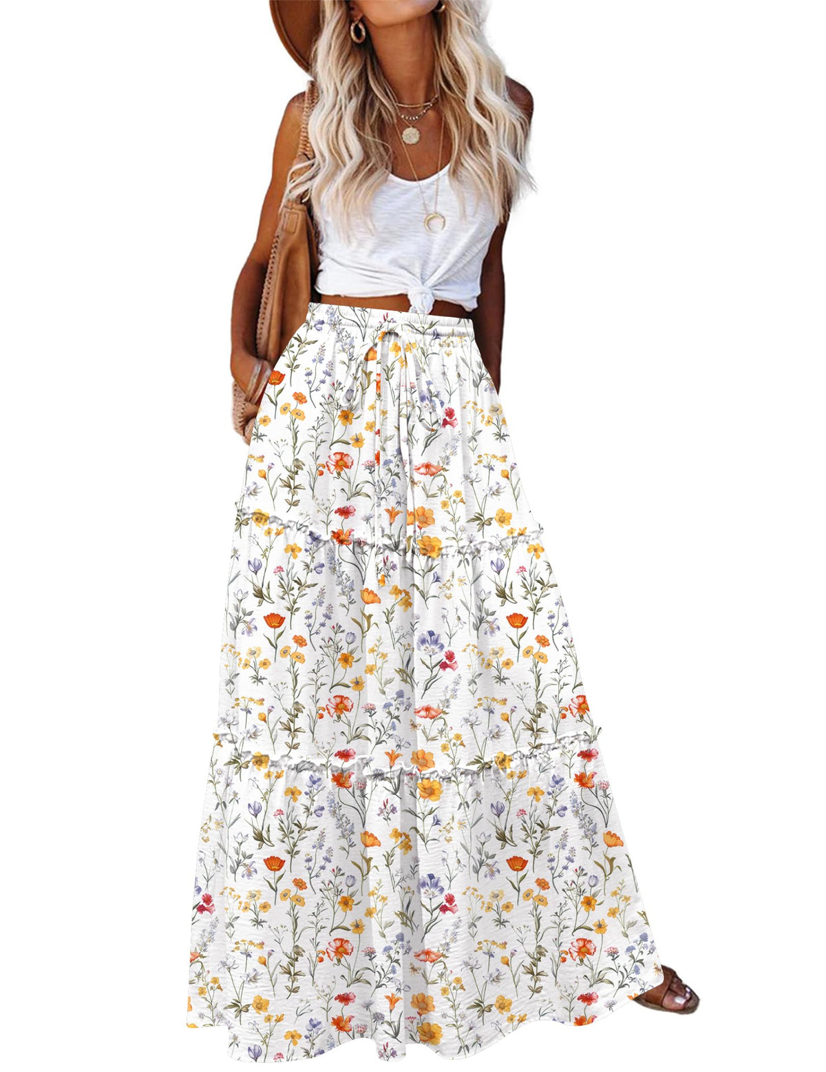 Zeagoo Womens Casual Maxi Skirts for Women 2026 High Waist Boho Skirts Floral Printed Long Flowy Skirt with Pockets
