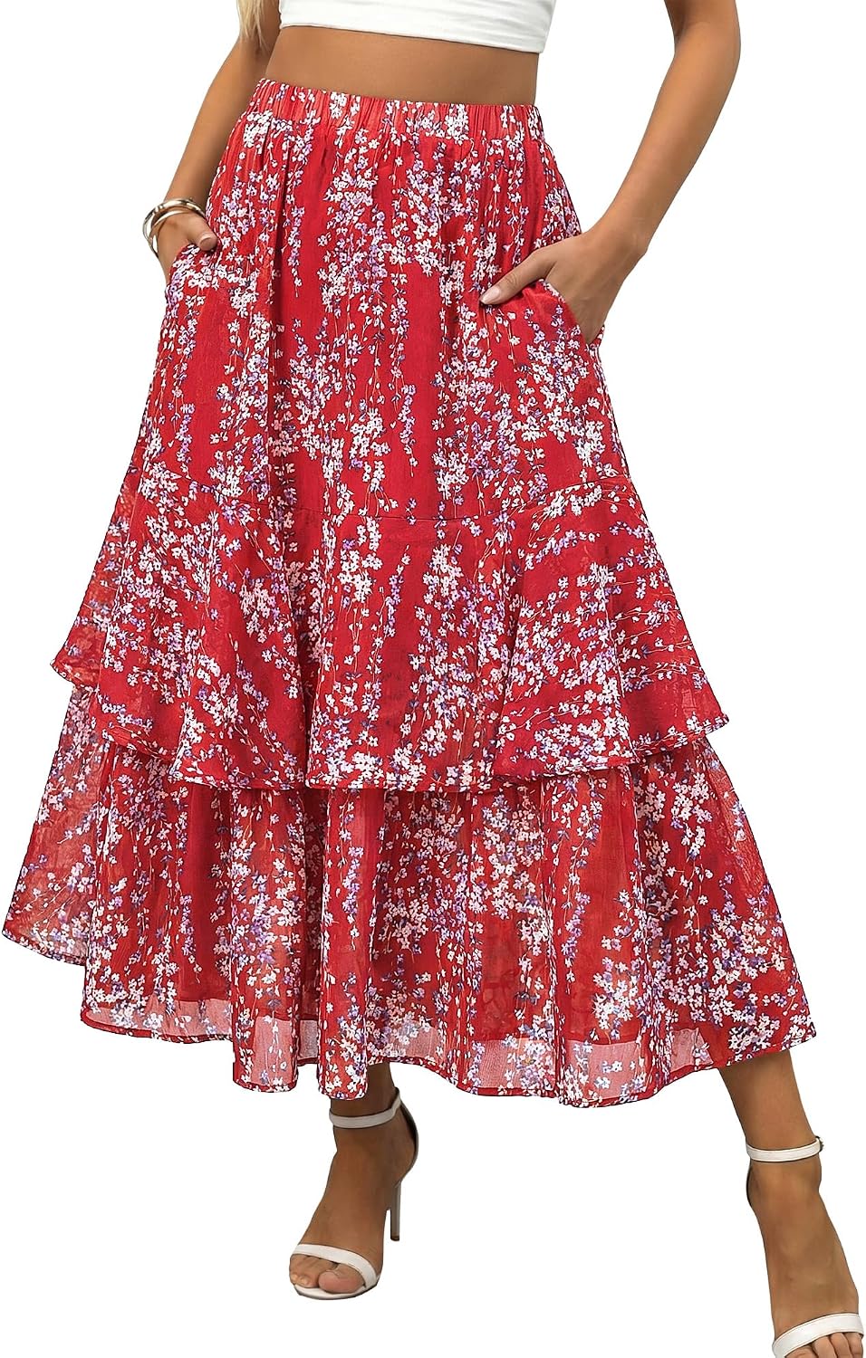 luvamia Long Skirts for Women Floral Flowy Boho Tiered Ruffle A Line Summer Chiffon Elastic Waist Maxi Skirt with Pocket