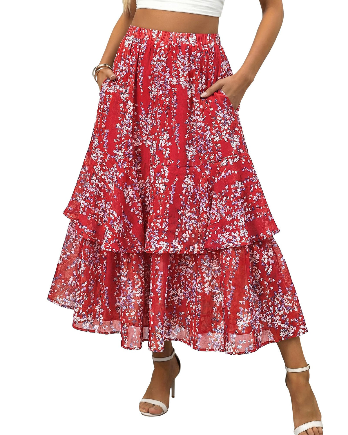 luvamia Long Skirts for Women Floral Flowy Boho Tiered Ruffle A Line Summer Chiffon Elastic Waist Maxi Skirt with Pocket