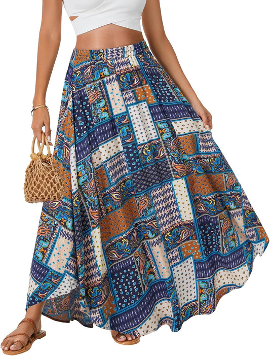 Rooscier Women's Boho Flowy Maxi Skirt Asymmetric A Line Elastic Waist Summer Long Skirts