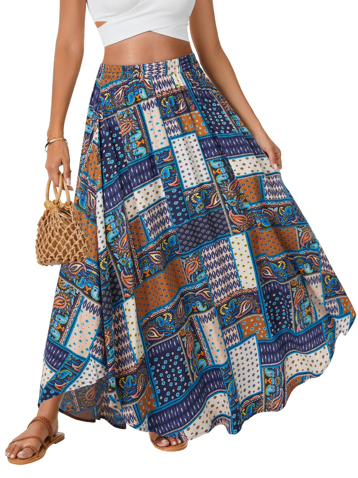Rooscier Women's Boho Flowy Maxi Skirt Asymmetric A Line Elastic Waist Summer Long Skirts