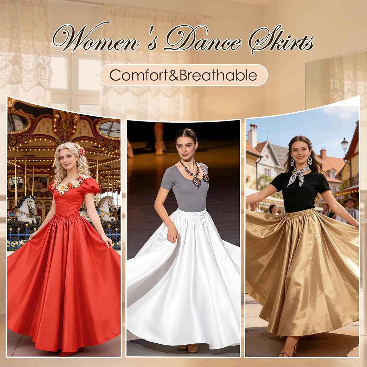4PCS Satin Dance Skirt for Women Ankle Length Full Circle Women Maxi Shiny Skirt for Flamenco Belly Dance Party