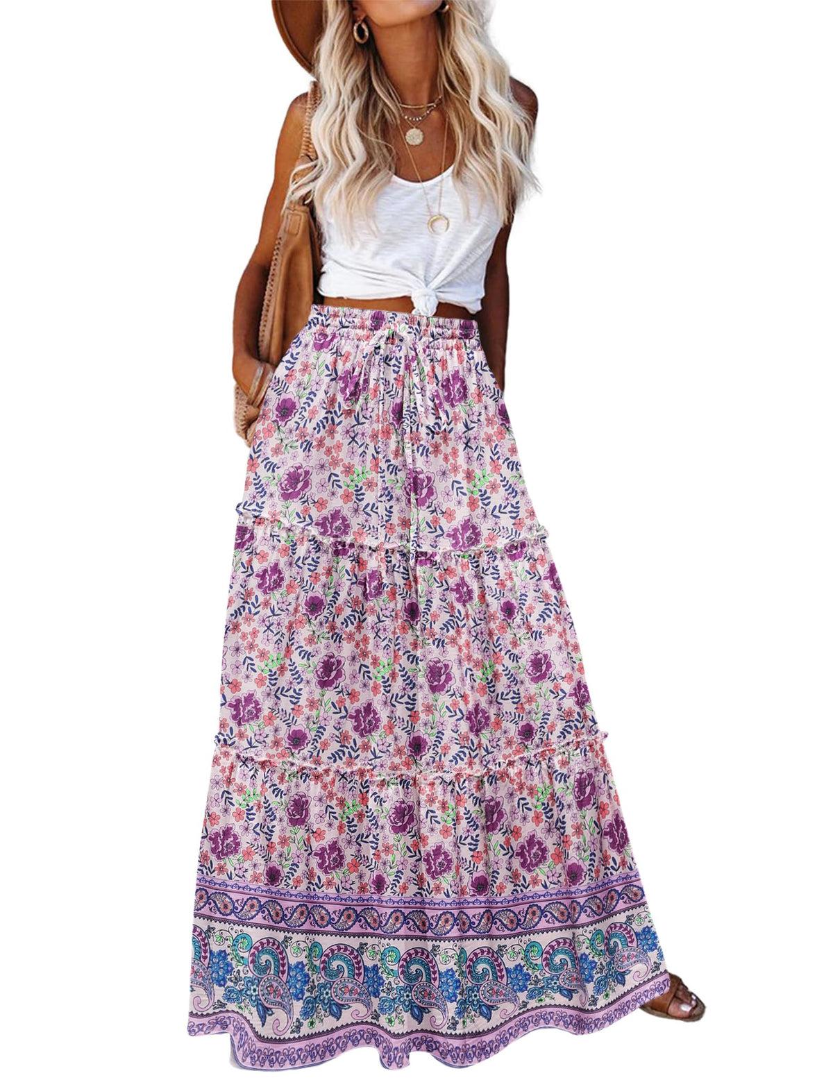 Zeagoo Womens Casual Maxi Skirts for Women 2026 High Waist Boho Skirts Floral Printed Long Flowy Skirt with Pockets