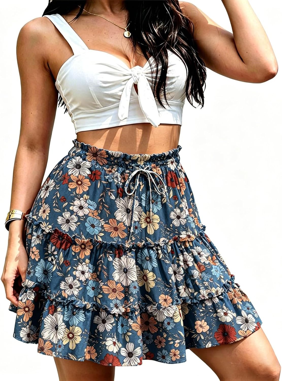 NASHALYLY Women's Boho Floral Mini Skirt High Waist Drawstring