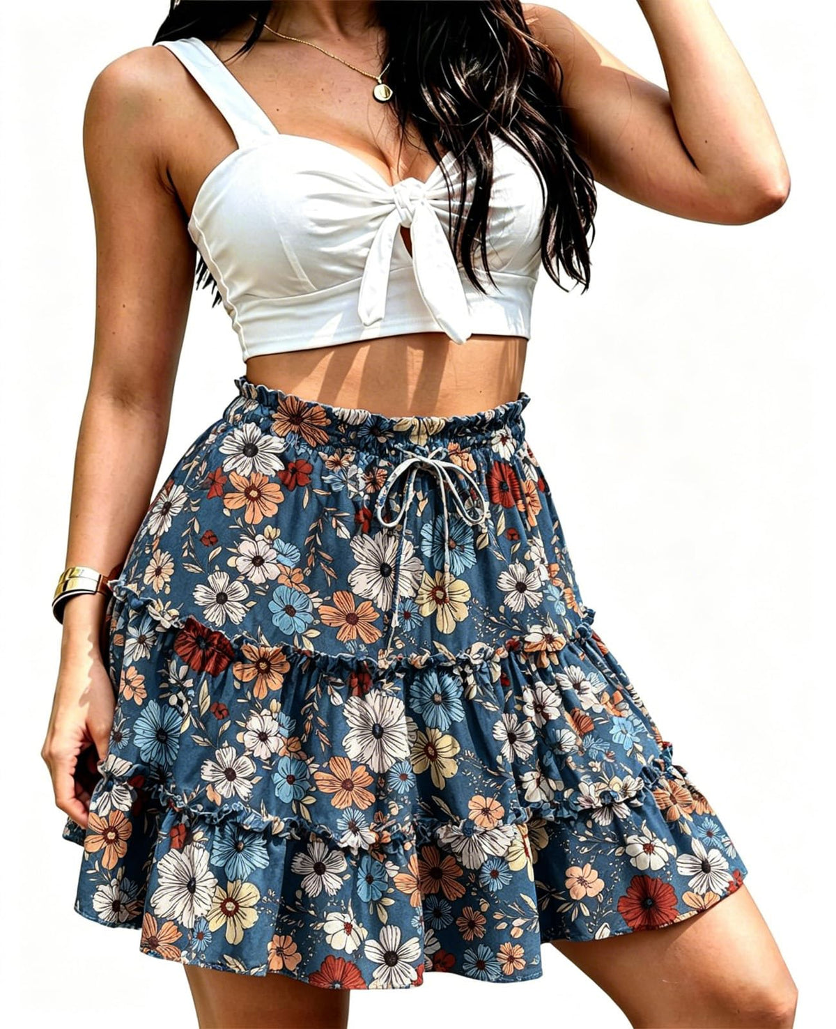 NASHALYLY Women's Boho Floral Mini Skirt High Waist Drawstring