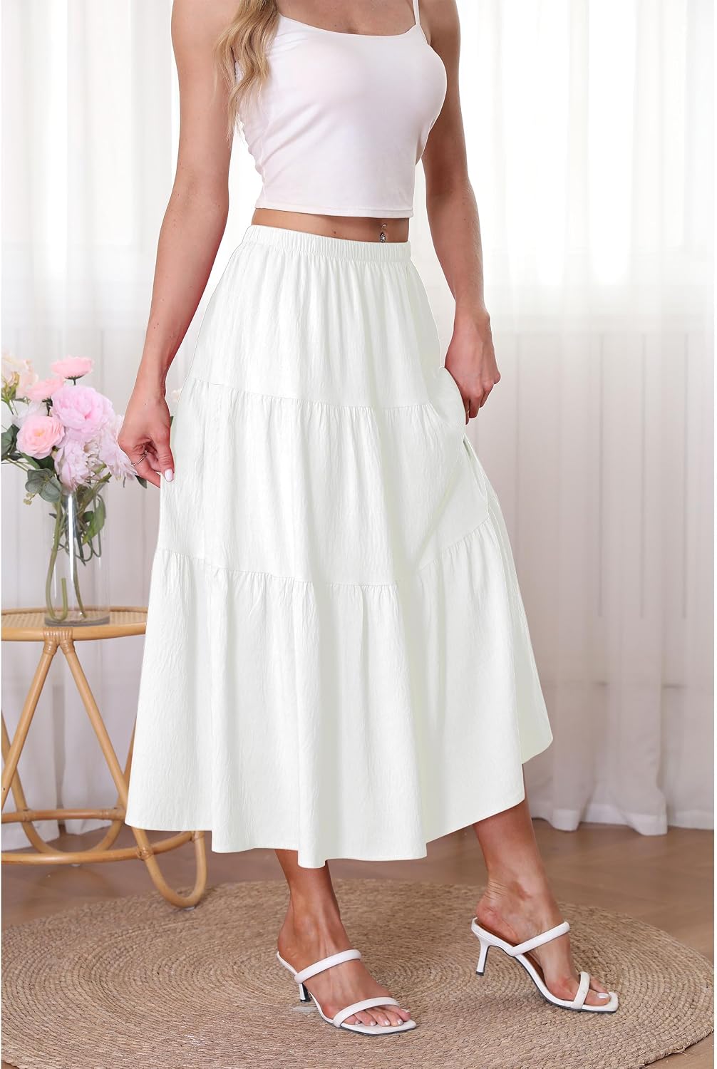 Kingfancy Women's Boho Midi Skirt A-Line Flowy Skirts