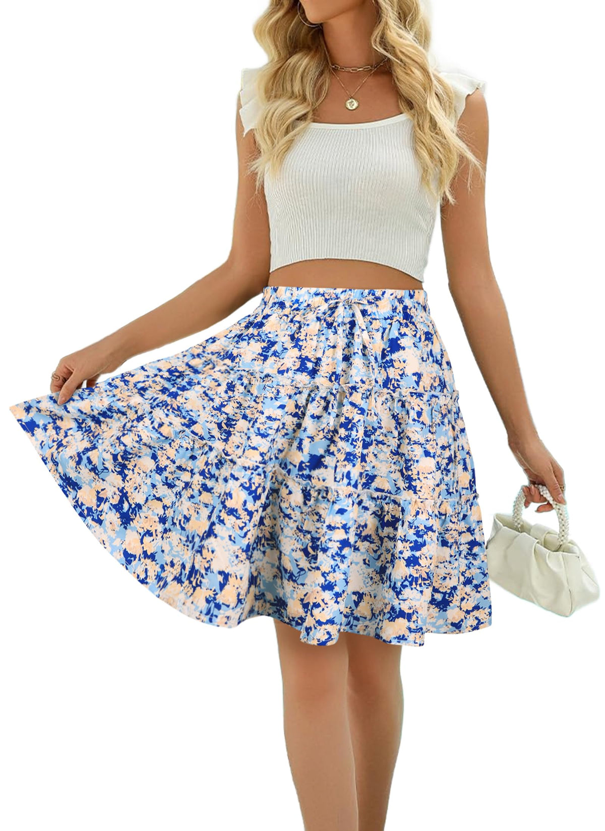Women Summer A Line Skirt Flared Mini Elastic Waist Boho Beach Skirts