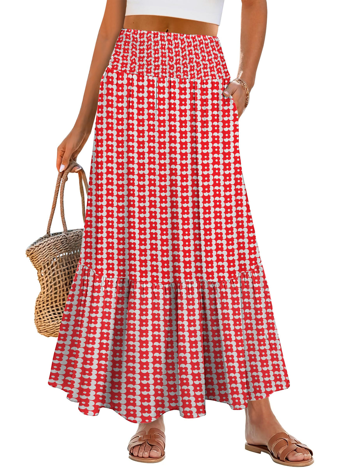 ANRABESS Women Boho Floral Maxi Skirts, High Waisted Tiered Skirt, Flowy Beach Skirts with Pockets for Vacation & Summer Wear
