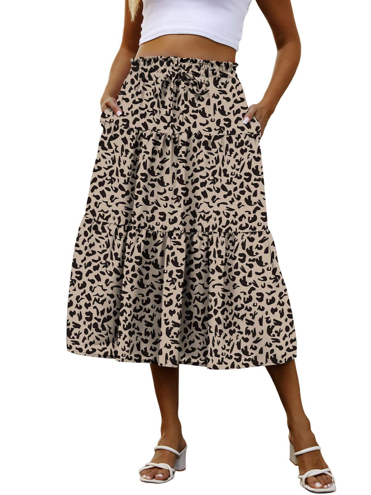 Anbech Womens Boho Midi Skirts A-Line Casual Flowy Elastic High Waist