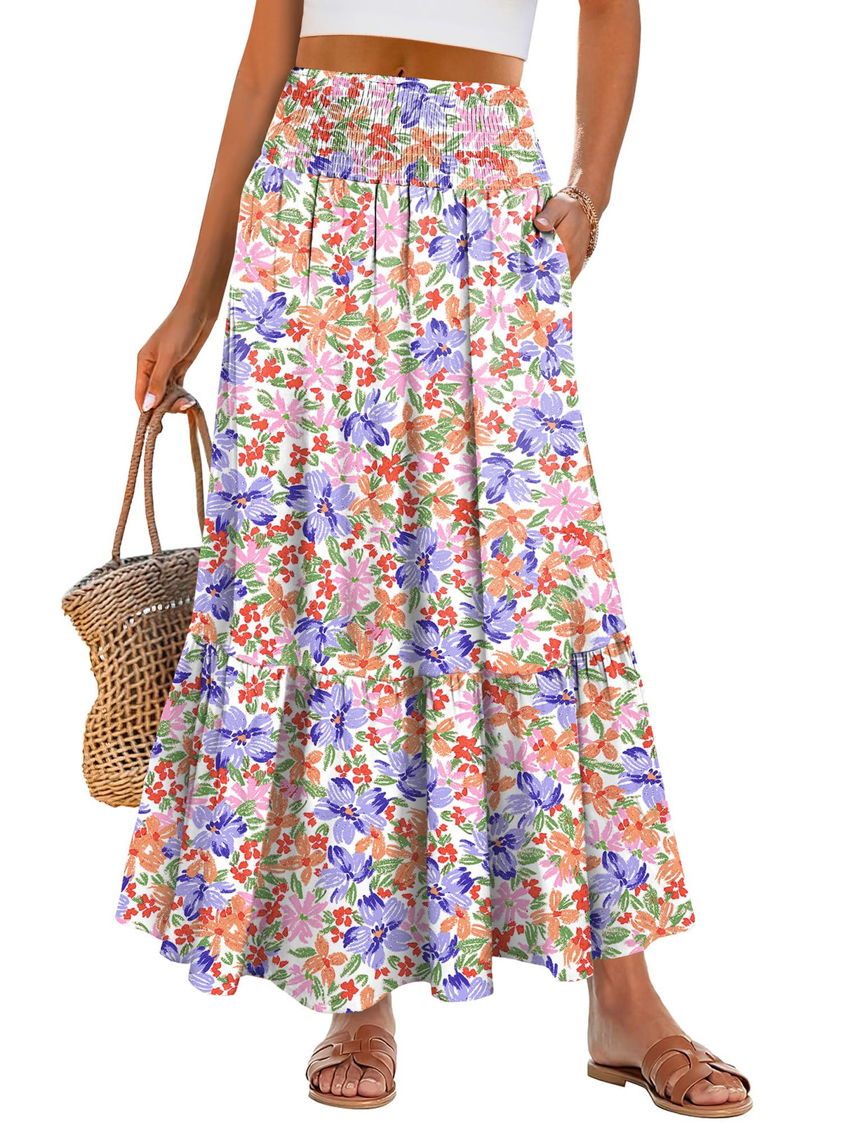 ANRABESS Women Boho Floral Maxi Skirts, High Waisted Tiered Skirt, Flowy Beach Skirts with Pockets for Vacation & Summer Wear