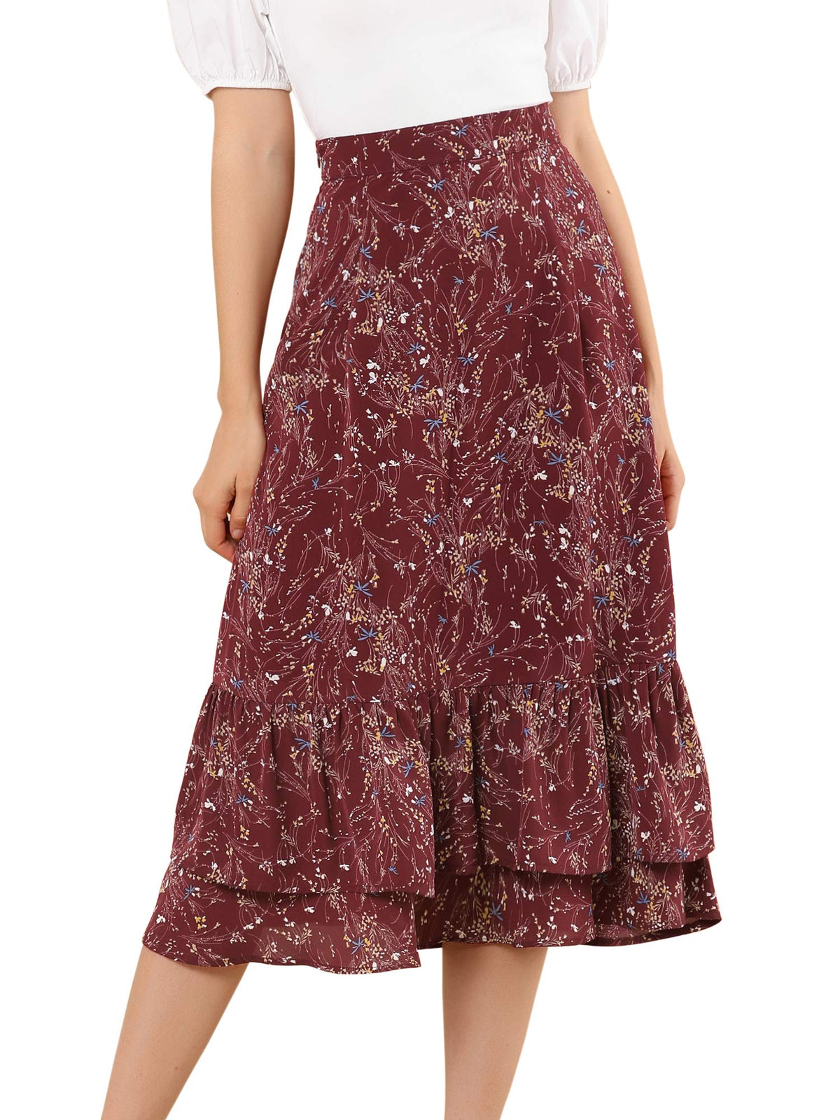 Allegra K Women's Printed Skirt Chiffon Ruffle Tiered Flowy Midi Skirts