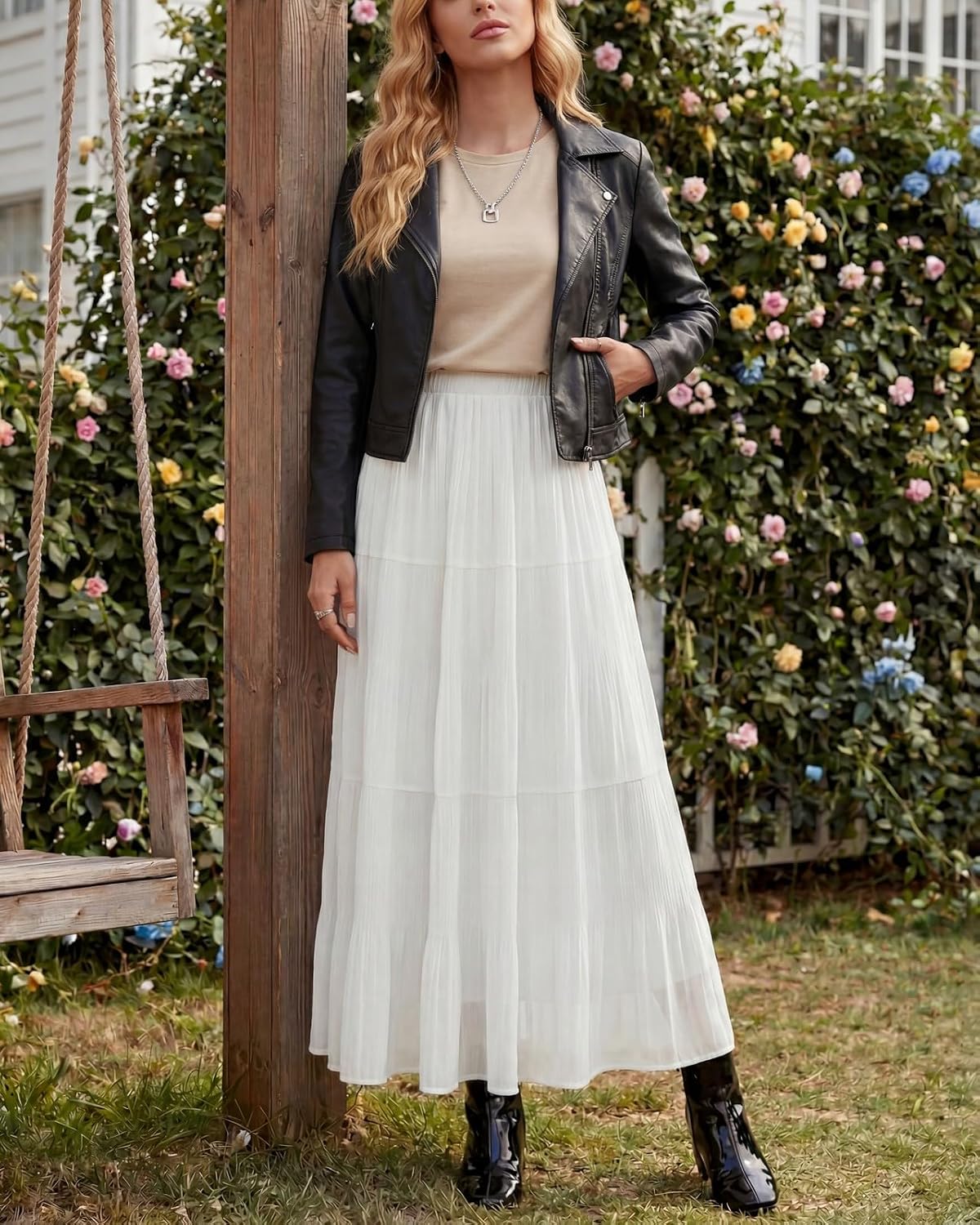 Women's Chiffon Pleated Maxi Skirt High Waist White Long Skirts