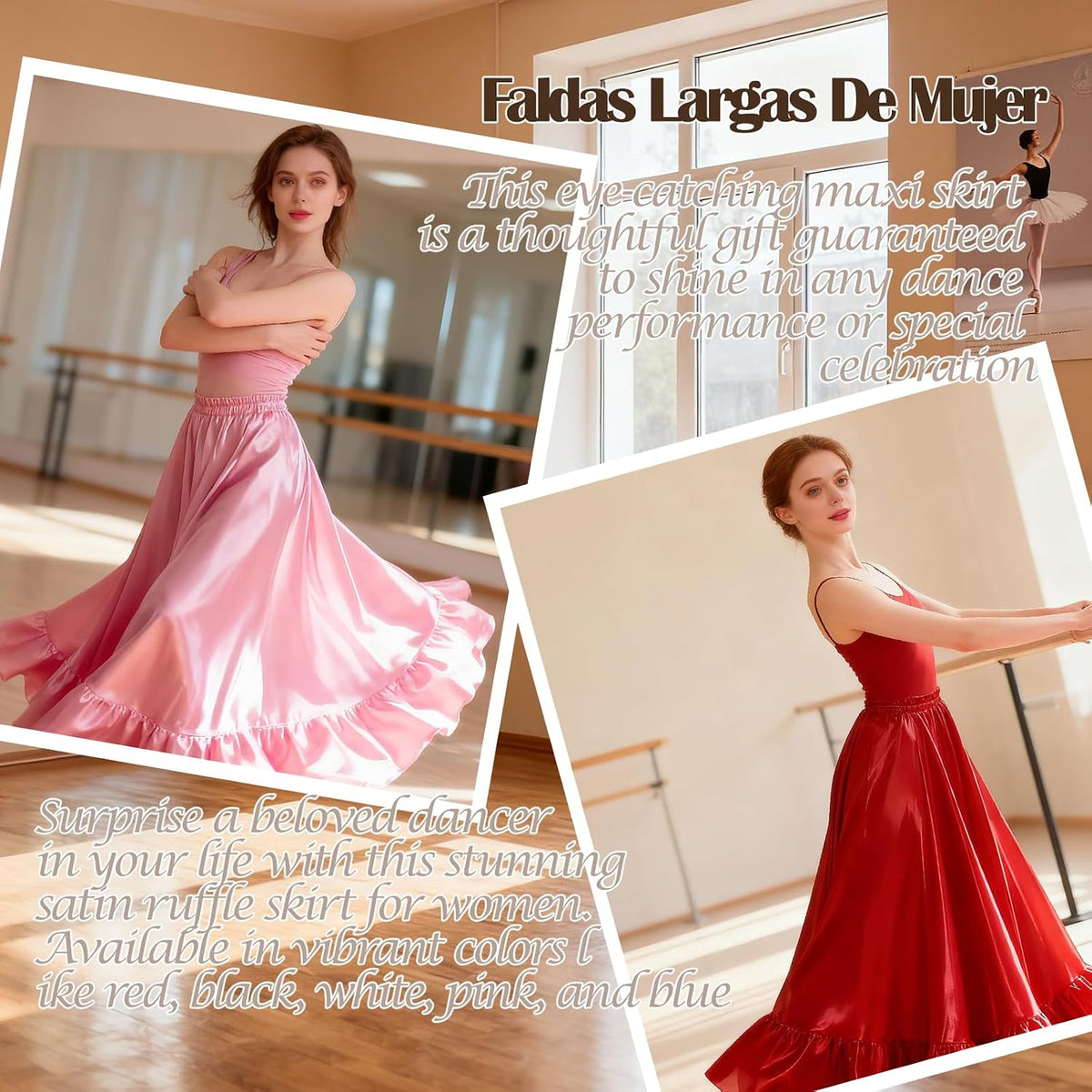 2PC Satin Ruffle Ankle Long Skirt for Women Full Circle Belly Dance Skirt Women Maxi Skirt for Praise and Folklorico Dance