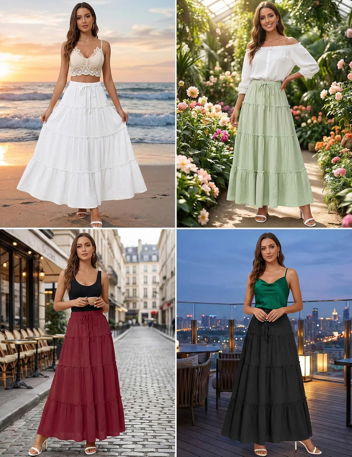DERAX Womens Boho Maxi Skirt Flowy Ruffle Tiered High Waisted Long Skirts