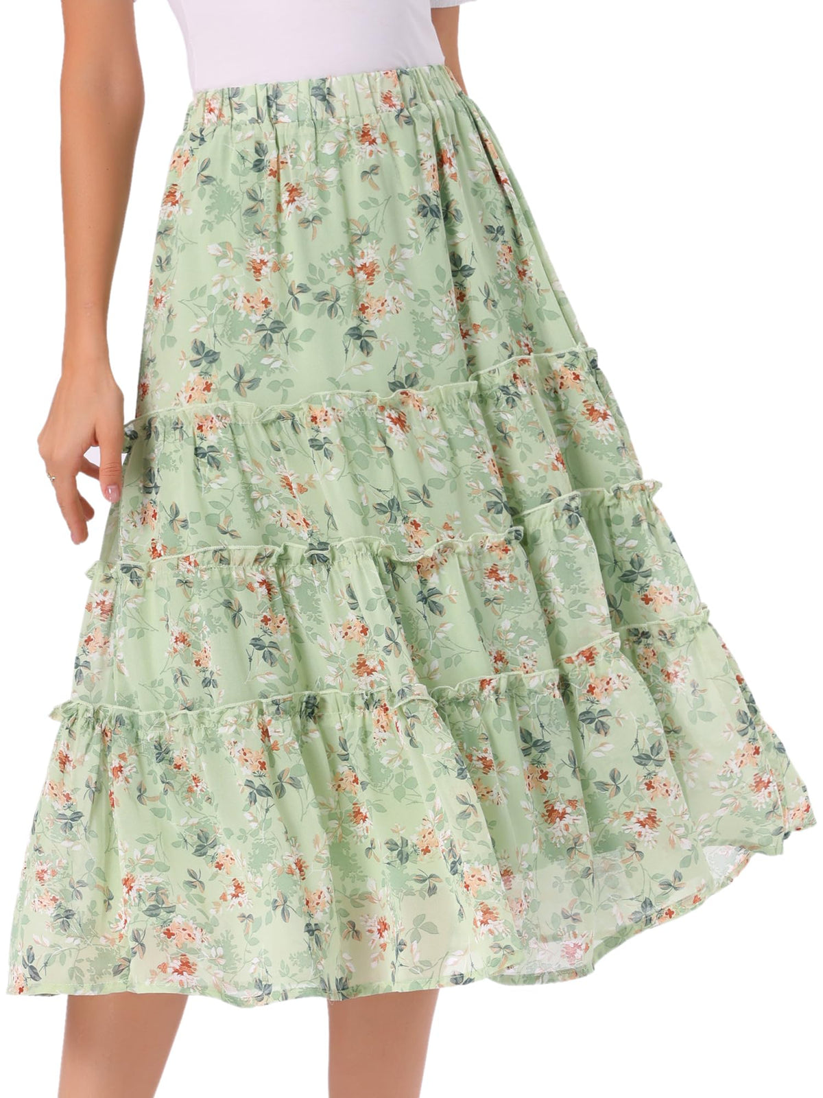 Allegra K Women's Floral Skirt Chiffon A-line Long Tiered Ruffle Maxi Skirt