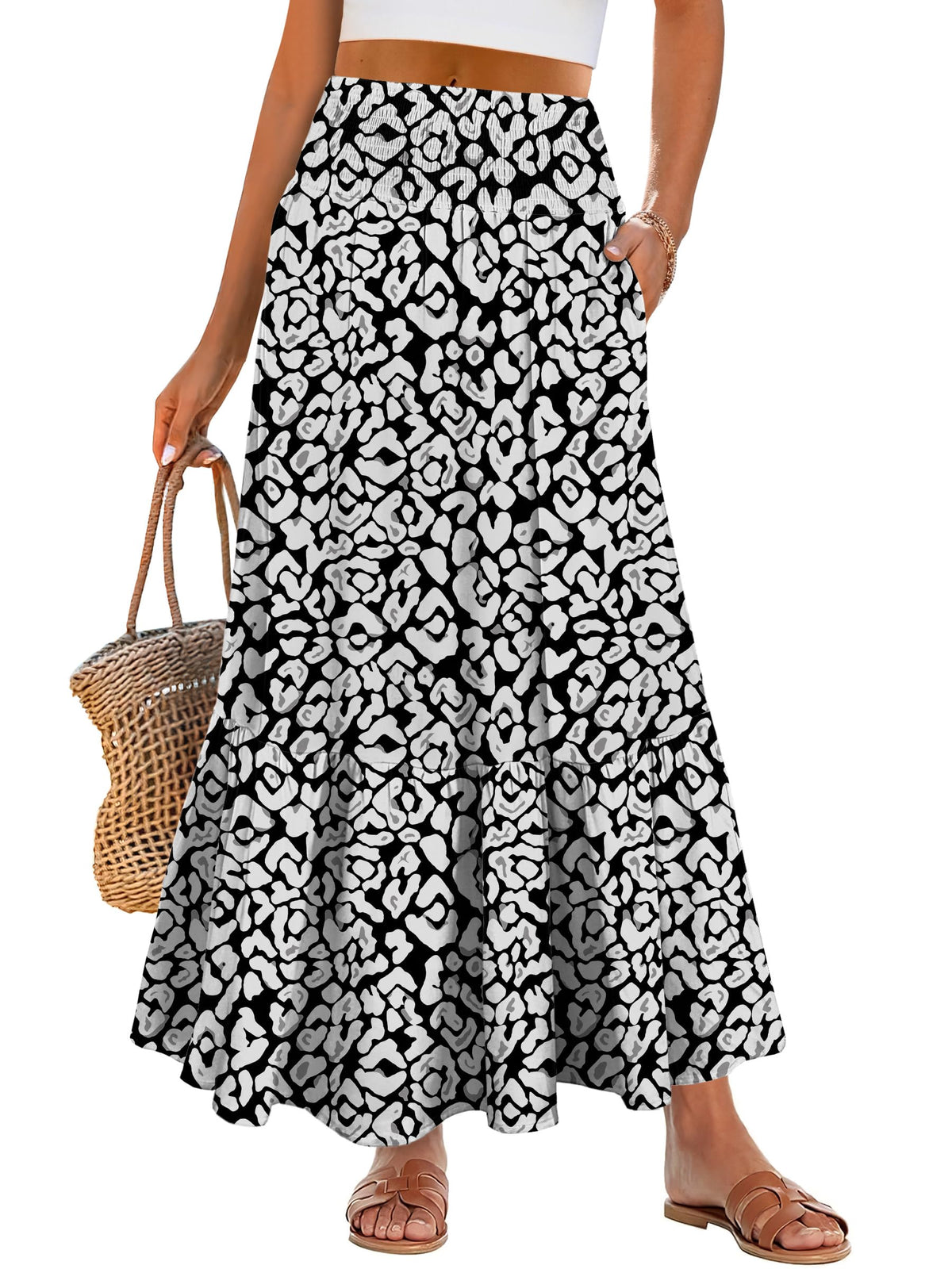 ANRABESS Women Boho Floral Maxi Skirts, High Waisted Tiered Skirt, Flowy Beach Skirts with Pockets for Vacation & Summer Wear