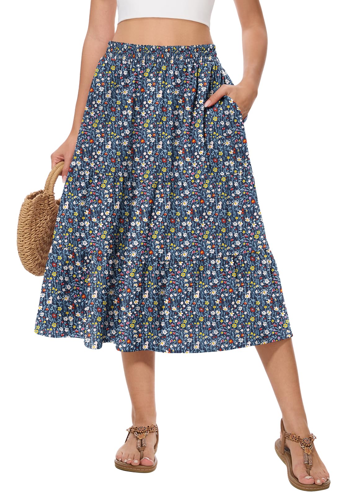 Women's Summer Midi Tiered Flowy High Waist A-Line Casual Skirts