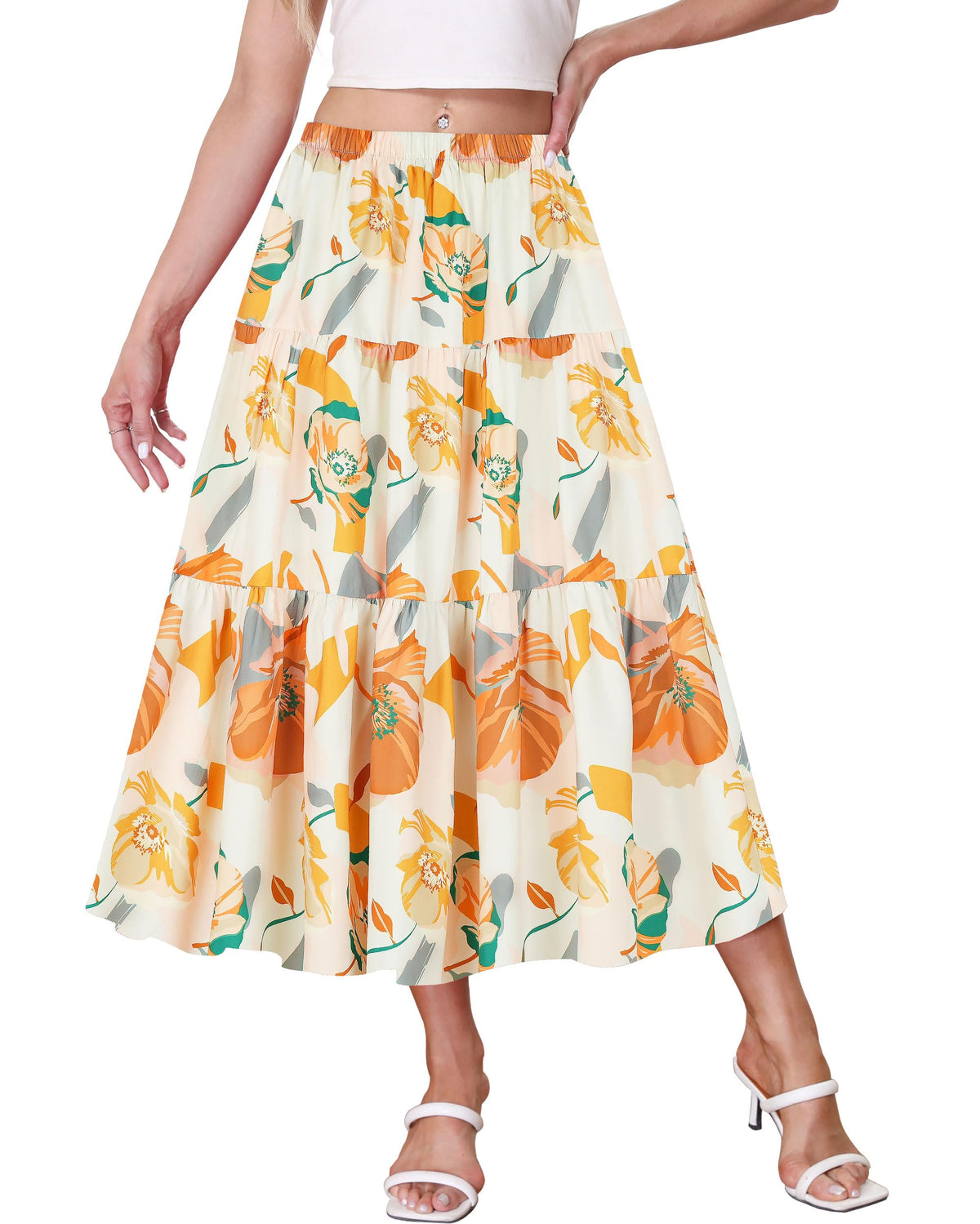 Kingfancy Women's Boho Midi Skirt A-Line Flowy Skirts