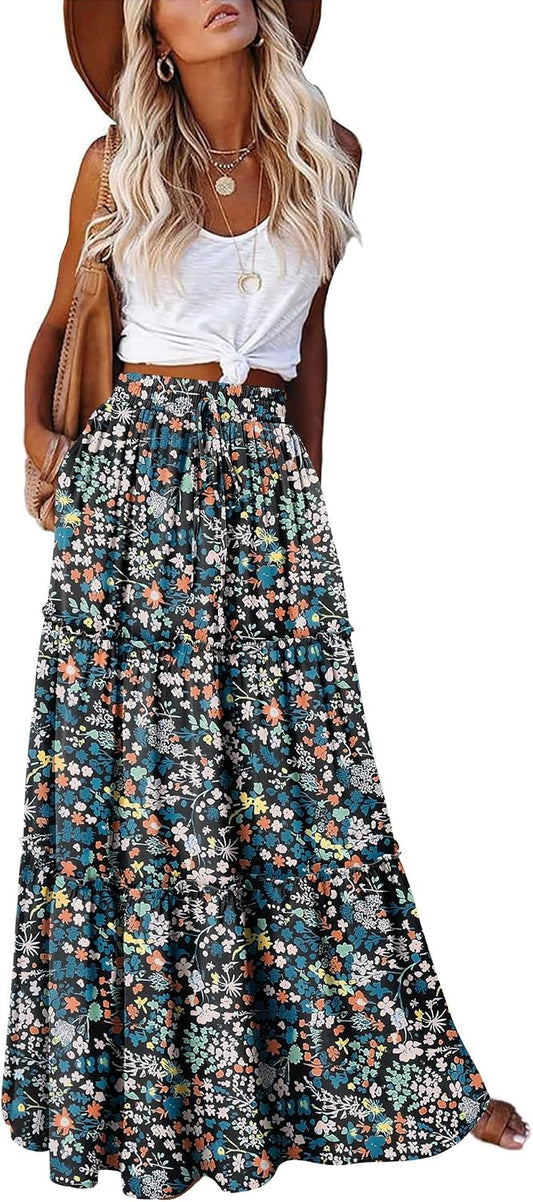 onlypuff Maxi Skirt for Women Boho Western Skirts High Waist Long Skirt with Pockets Fall Festival Outfits Clothing