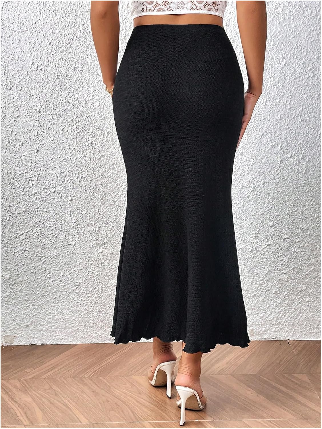 WDIRARA Women's High Waisted Fishtail Skirt Textured Ruffle Bodycon Long Skirts
