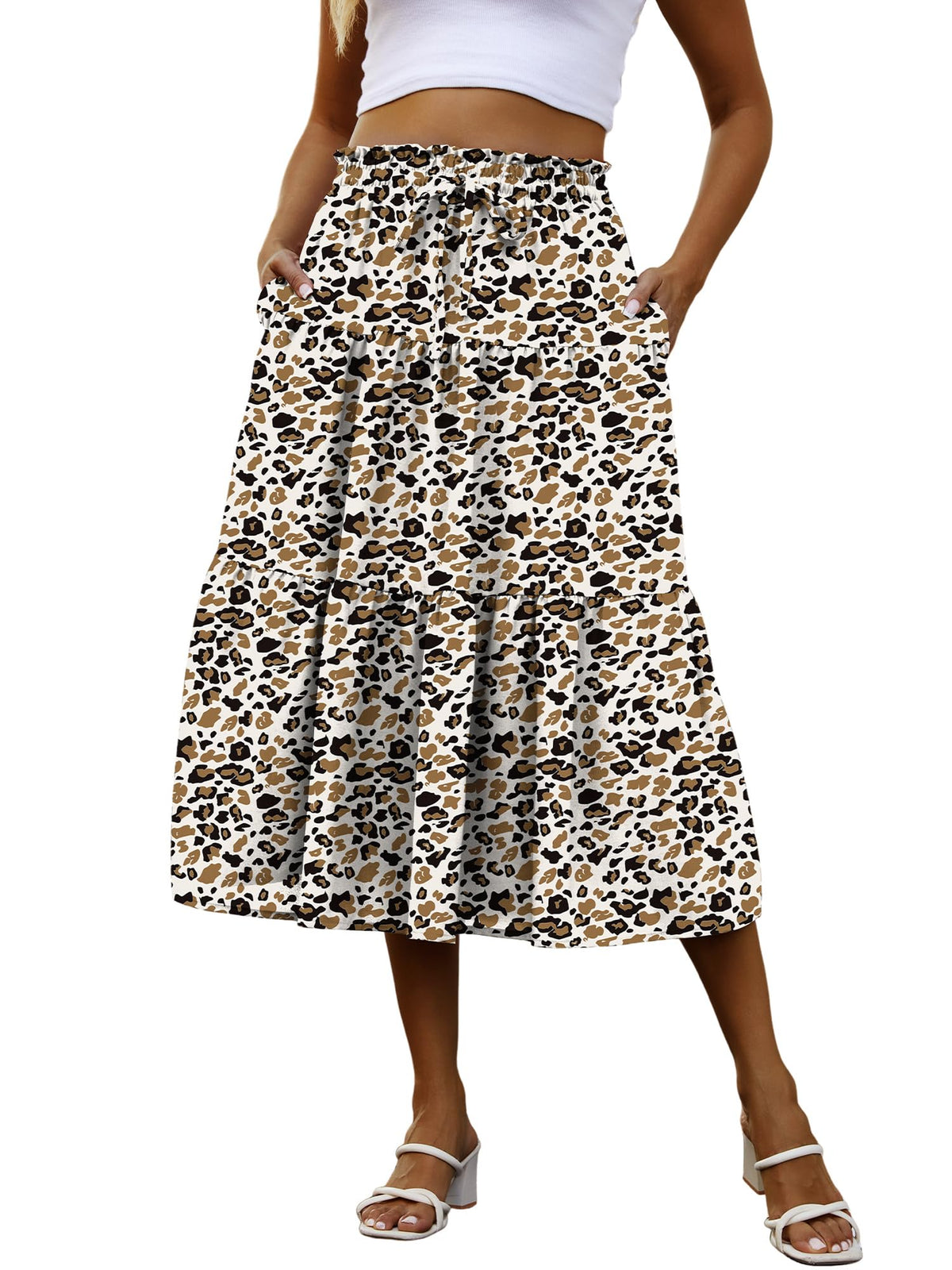 Anbech Womens Boho Midi Skirts A-Line Casual Flowy Elastic High Waist