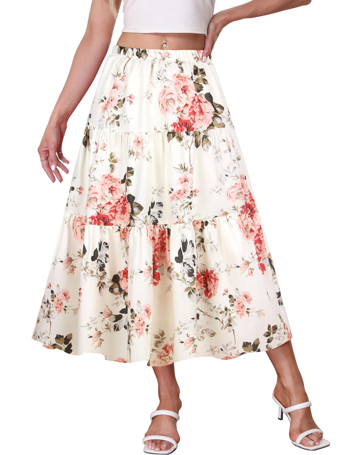 Kingfancy Women's Boho Midi Skirt A-Line Flowy Skirts