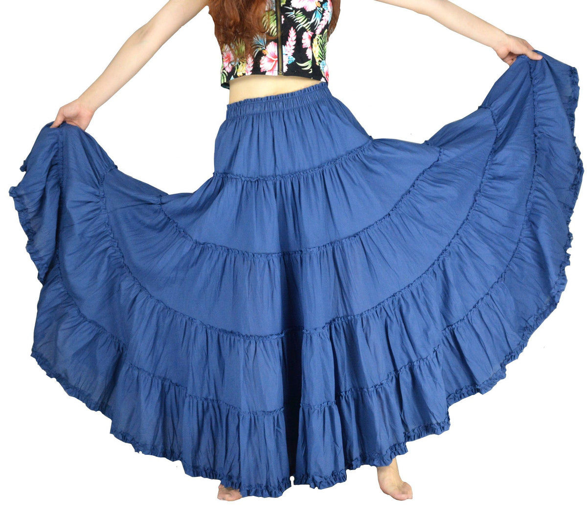 Women's Maxi Skirt Boho Pleated Cotton 5 Tiered Long A-Line Dance Skirts