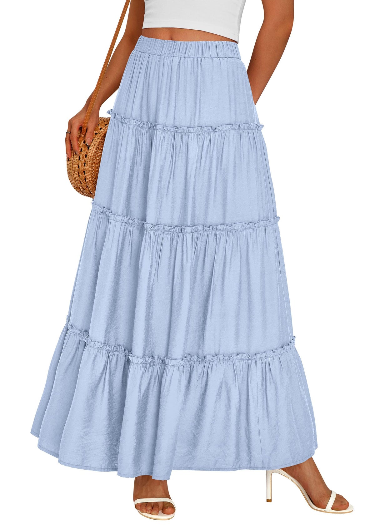 PRETTYGARDEN Women's Boho Tiered Ruffle Flowy Maxi Skirt