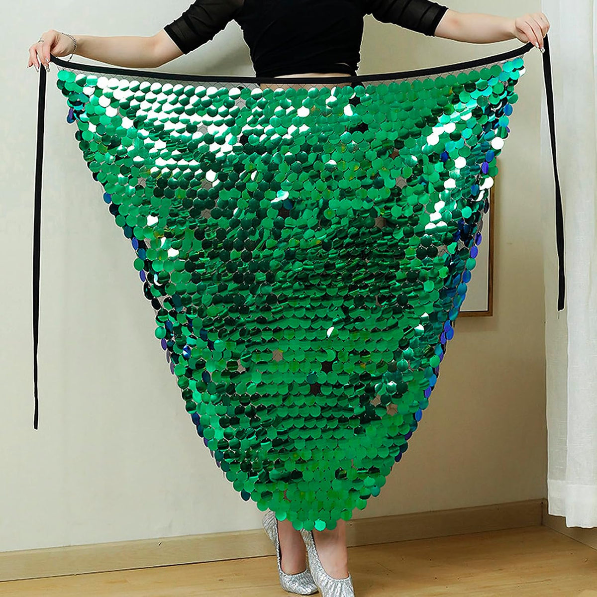 Shiny Sequins Skirt Belly Dance Hip Scarf for Women, Triangle Dancing Wrap Skirt Festival Performance Party Costume