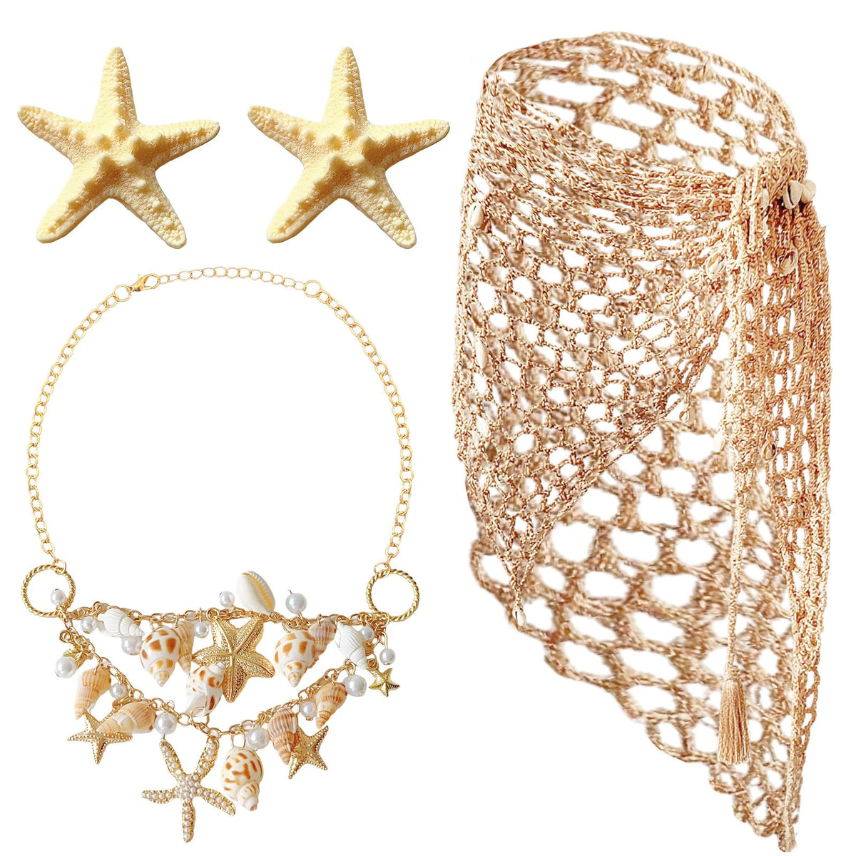 4 Pieces Mermaid Costume Accessories for Women, Beach Crochet Fishnet Skirt Sarong