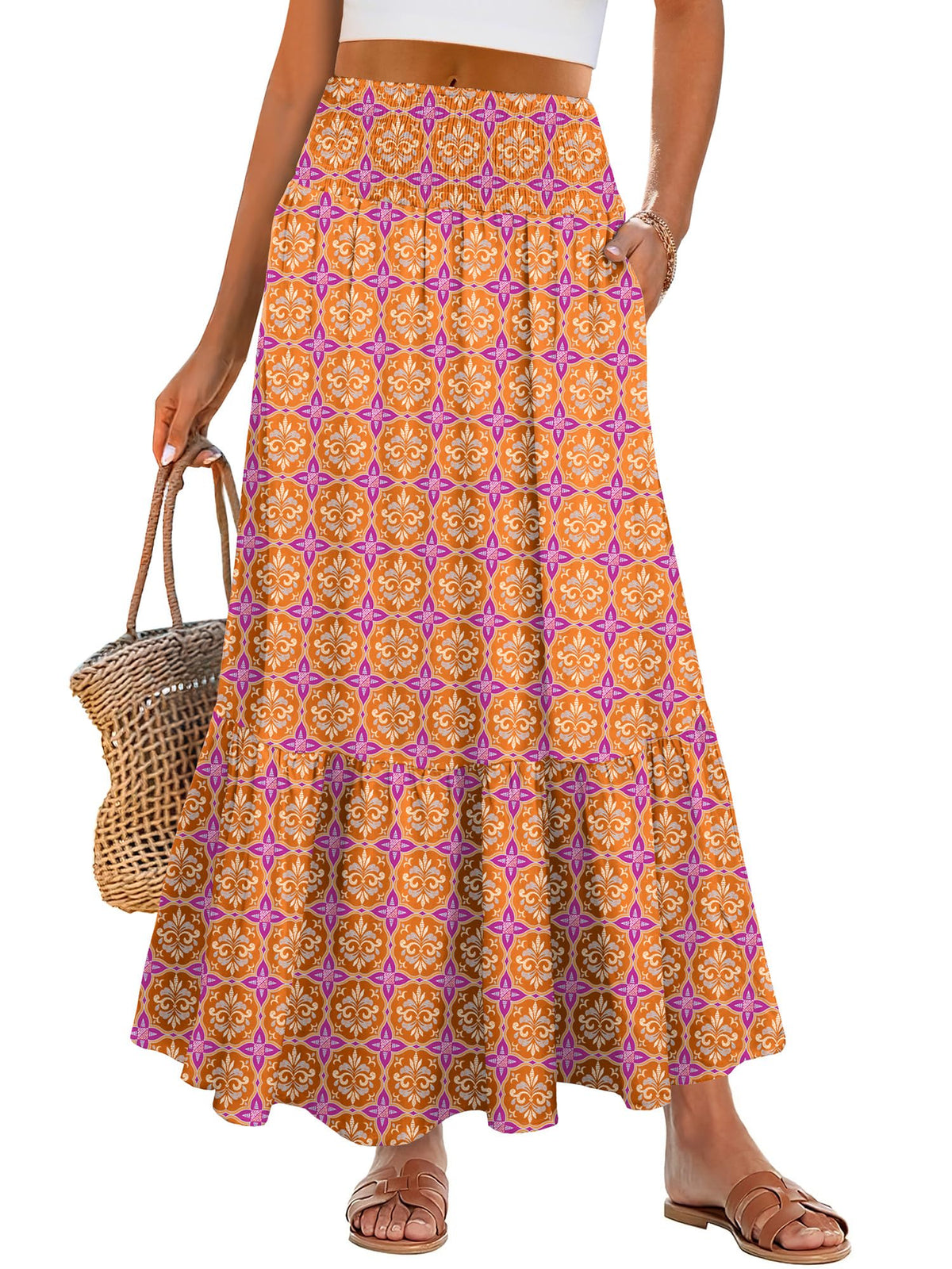 ANRABESS Women Boho Floral Maxi Skirts, High Waisted Tiered Skirt, Flowy Beach Skirts with Pockets for Vacation & Summer Wear