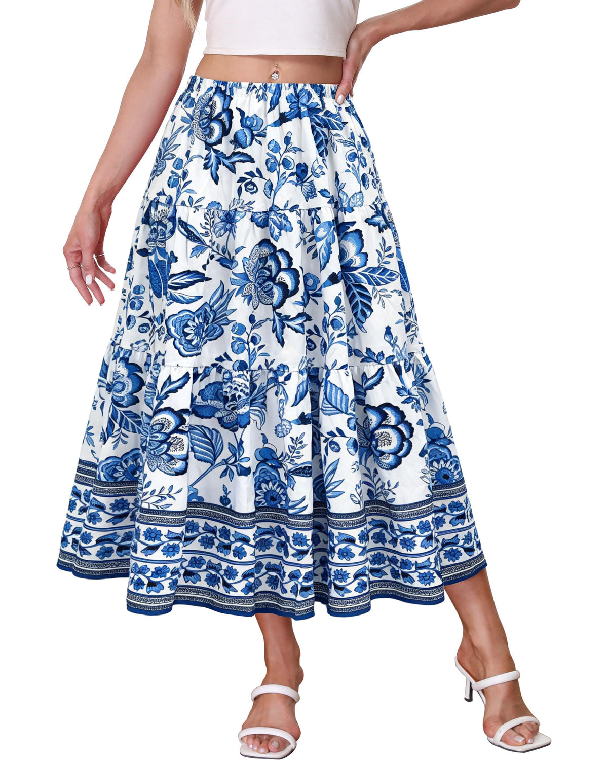 Kingfancy Women's Boho Midi Skirt A-Line Flowy Skirts