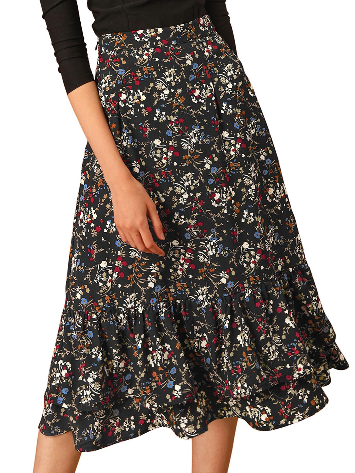 Allegra K Women's Printed Skirt Chiffon Ruffle Tiered Flowy Midi Skirts