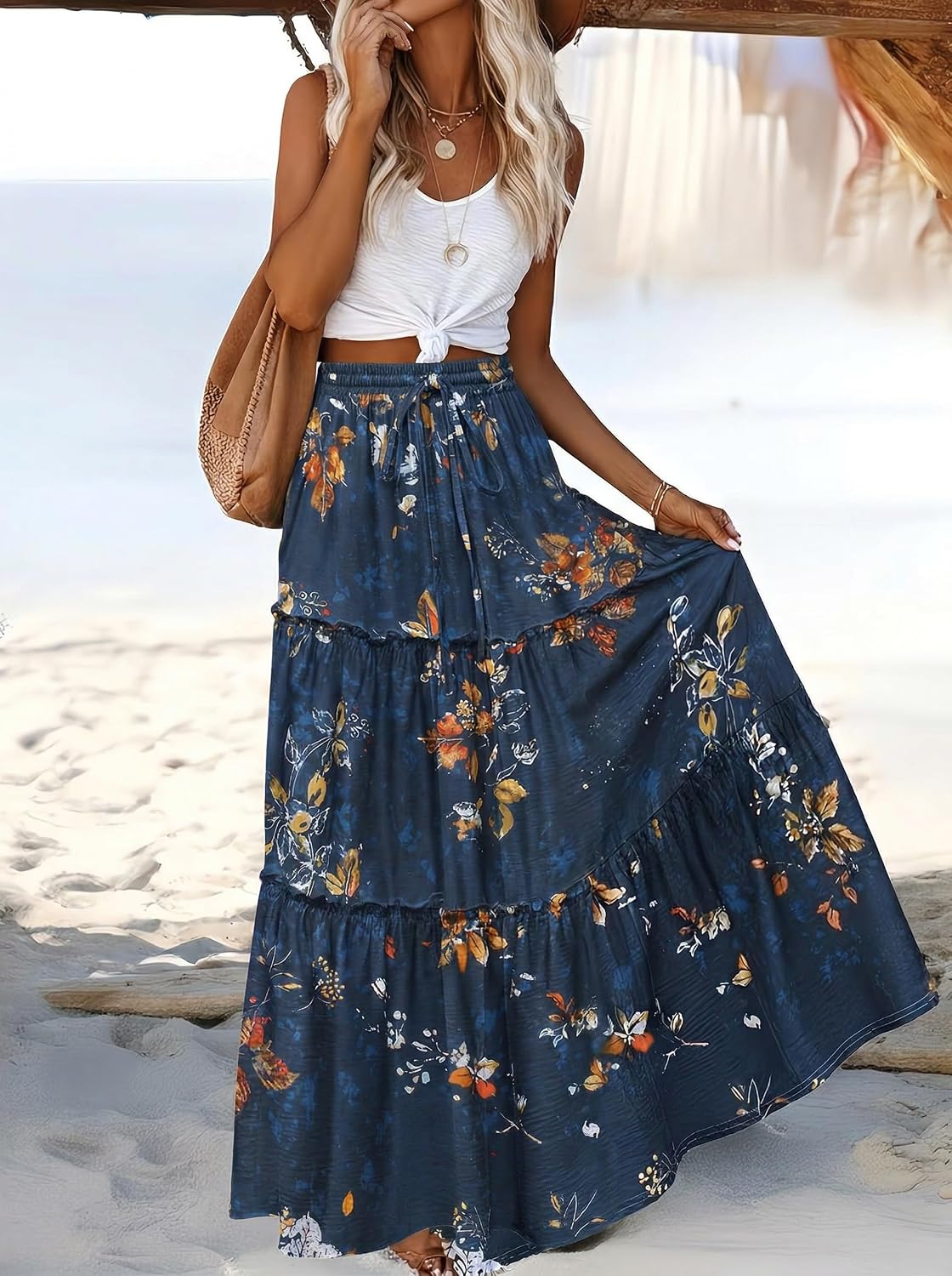 Zeagoo Womens Casual Maxi Skirts for Women 2026 High Waist Boho Skirts Floral Printed Long Flowy Skirt with Pockets