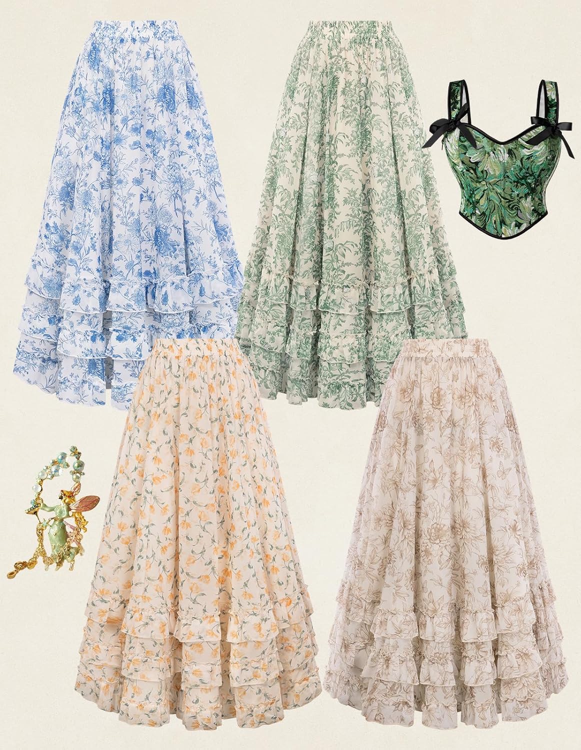 Scarlet Darkness Maxi Skirts for Women Floral Chiffon Ruffle Long Skirt