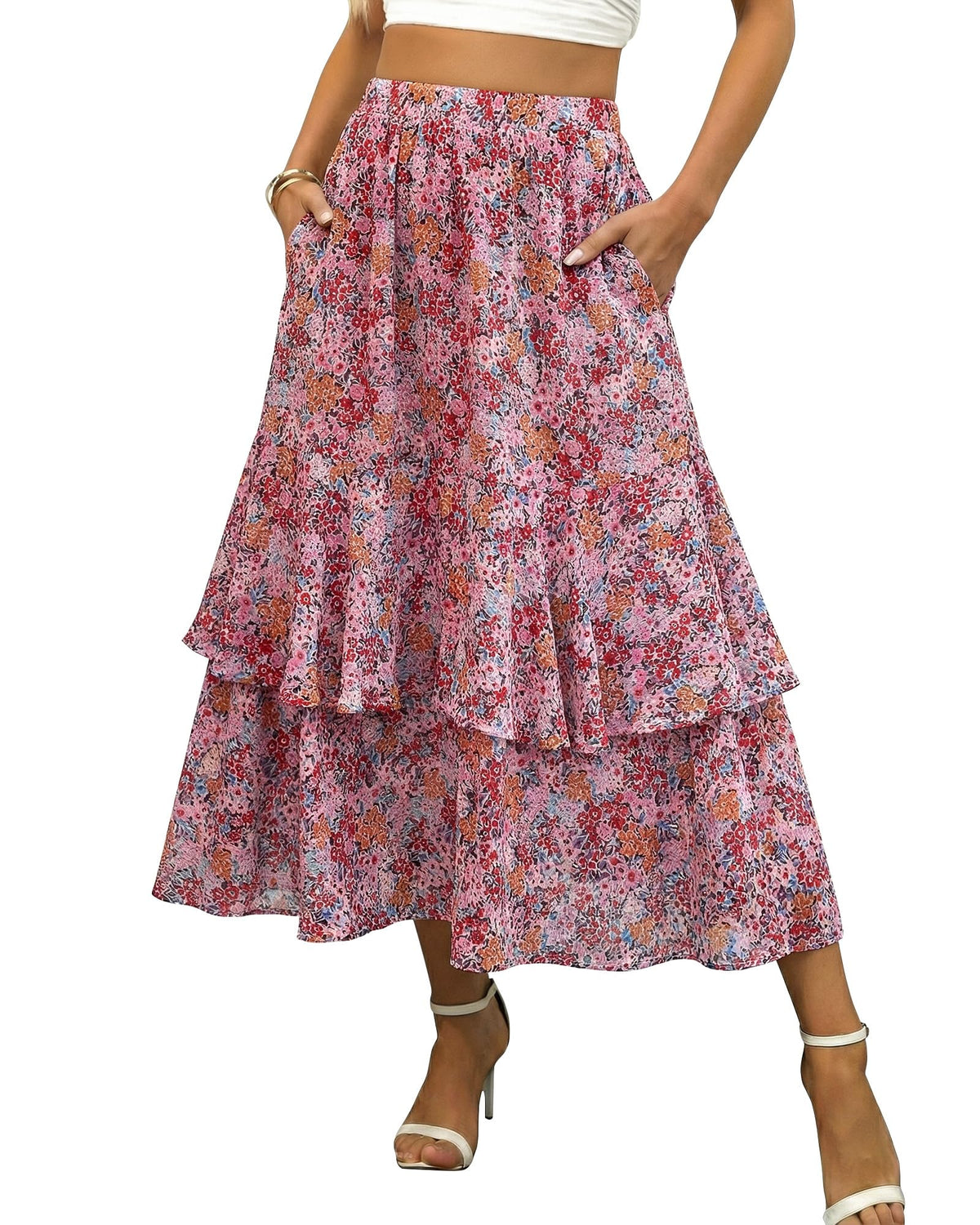 luvamia Long Skirts for Women Floral Flowy Boho Tiered Ruffle A Line Summer Chiffon Elastic Waist Maxi Skirt with Pocket