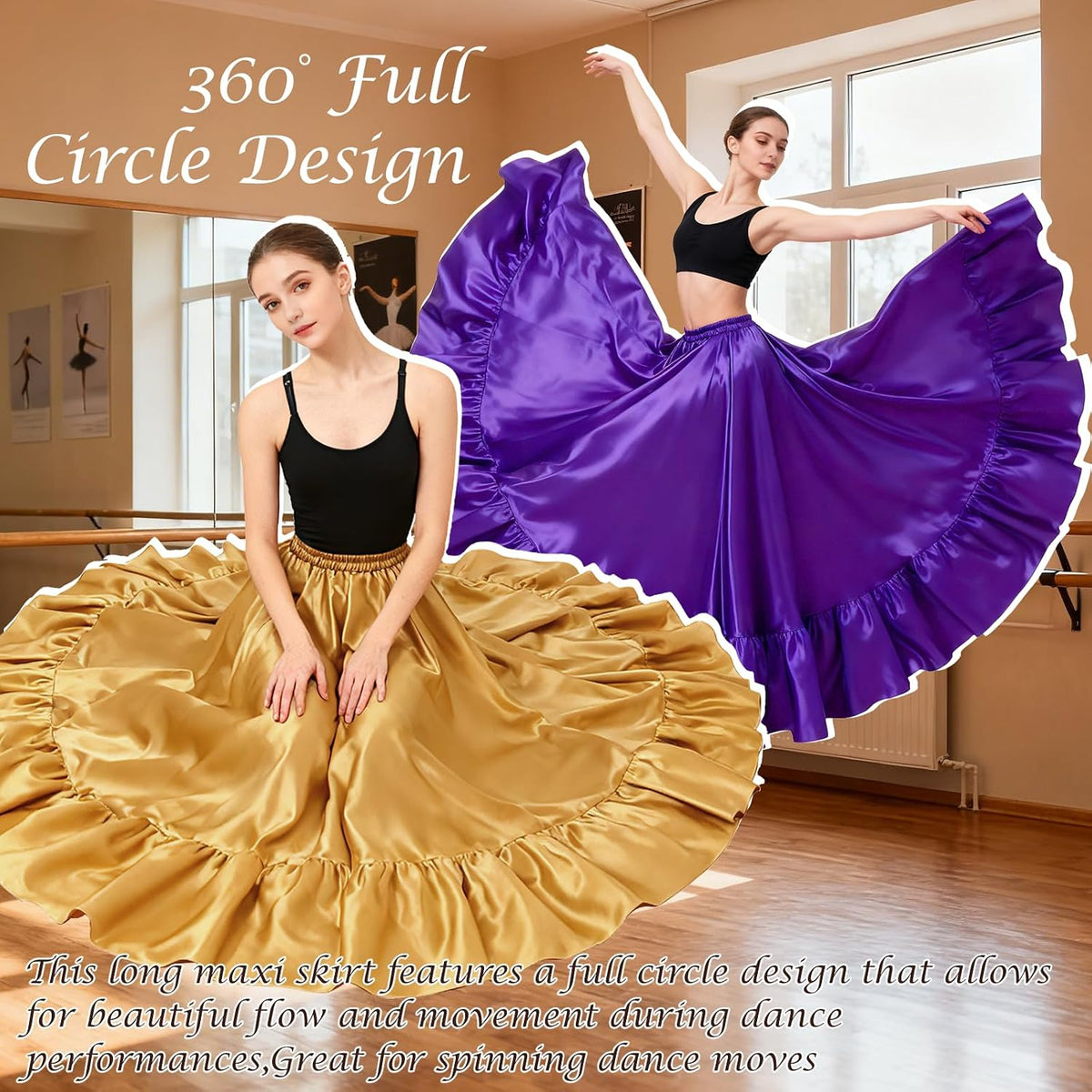 Satin Belly Dance Skirt for Women Maxi Midi Dress Circle Skirt Elastic Waist Stage Performance Holiday Party Dance Skirts