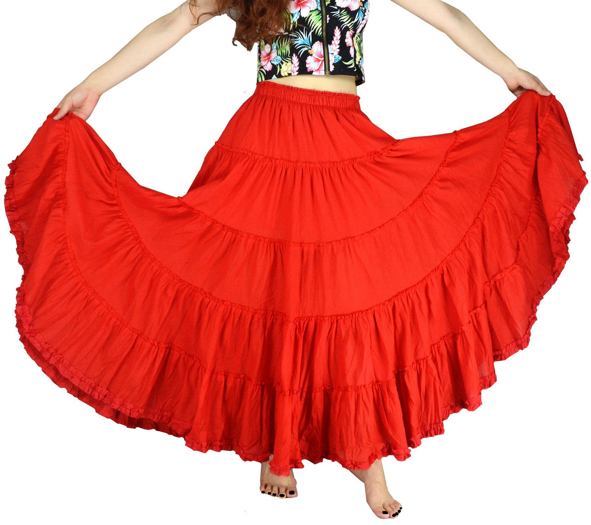 Women's Maxi Skirt Boho Pleated Cotton 5 Tiered Long A-Line Dance Skirts