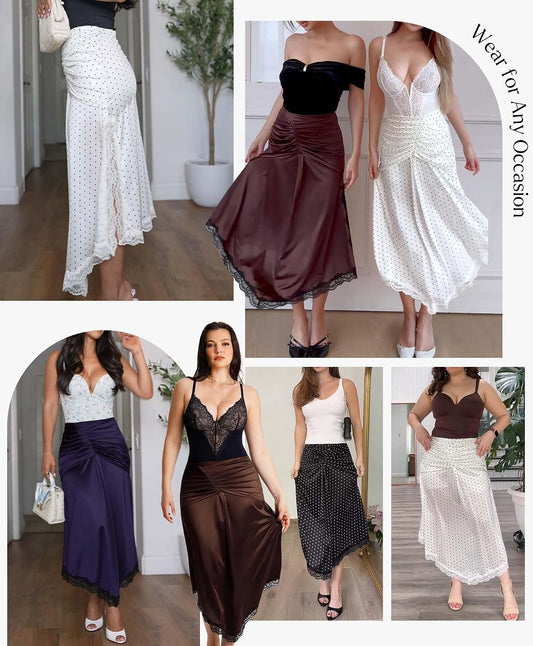 Popilush Satin Midi Skirts for Women Built in Shapewear Lace Flowy Skirts