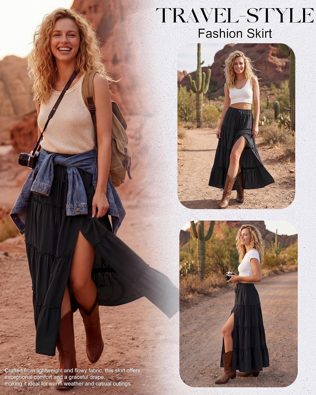 Cutecrop Womens Tiered Maxi Skirt Elastic Waist Flowy Casual Boho Western Skirts Ruffle High Slit Country Cowgirl Long Skirts