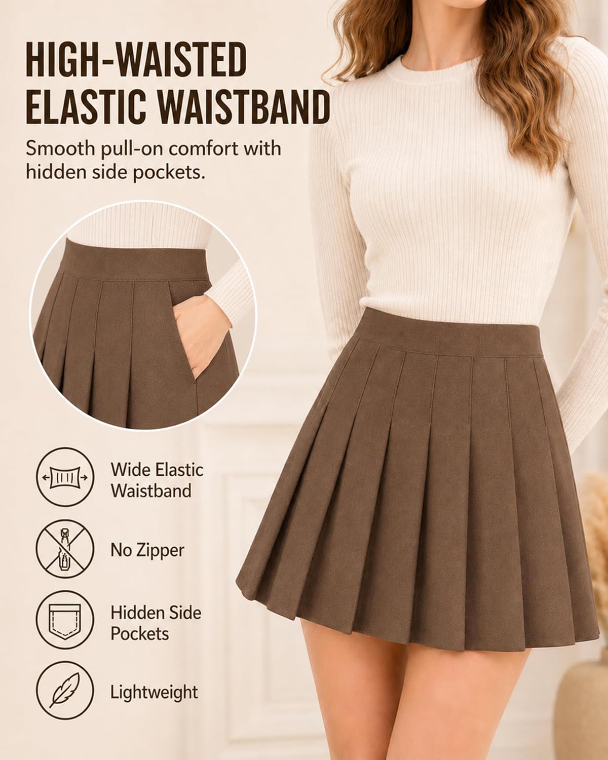 Shestellar Women Pleated Mini Skirt, High Waisted A-Line Skirt with Elastic Waist for Casual Wear