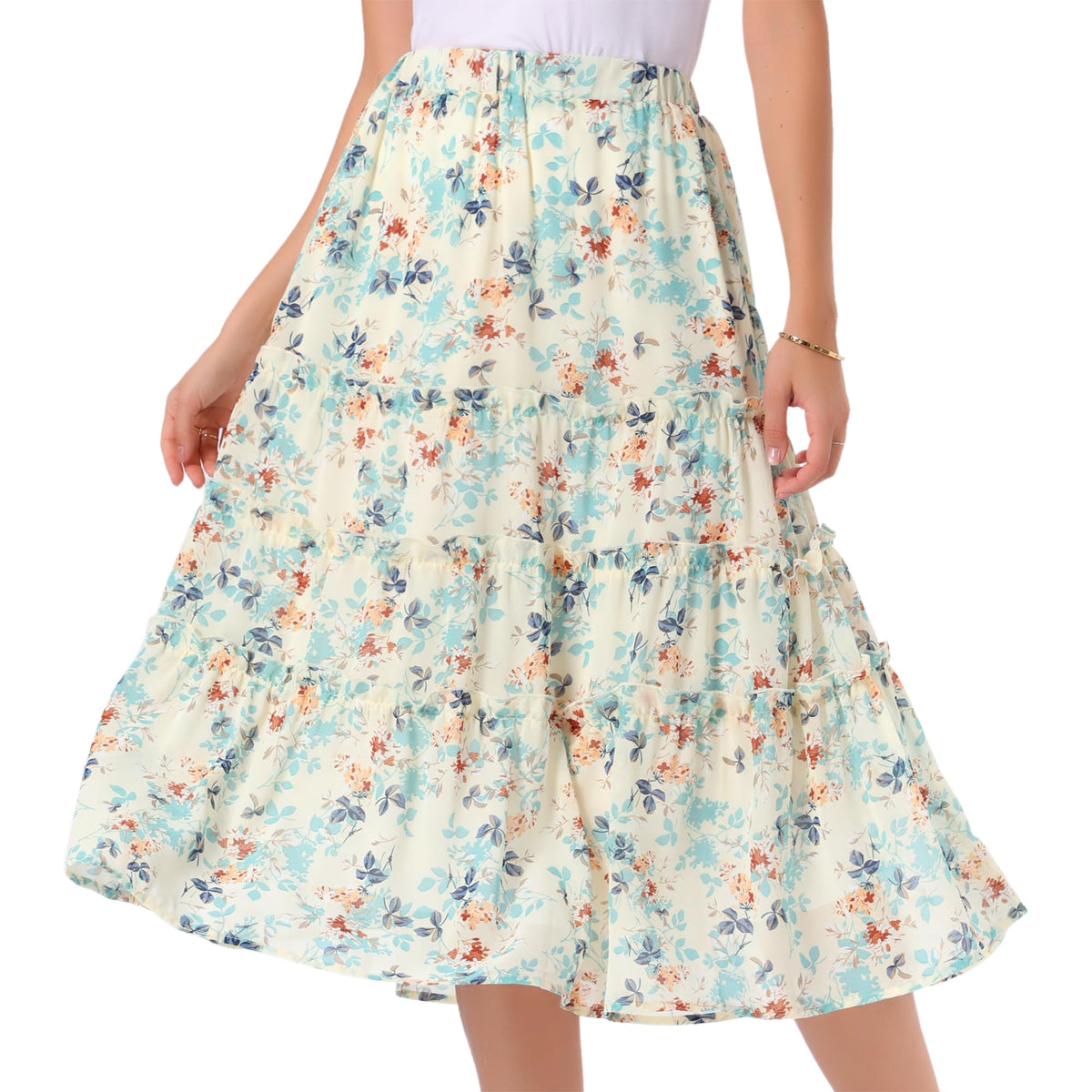 Allegra K Women's Floral Skirt Chiffon A-line Long Tiered Ruffle Maxi Skirt