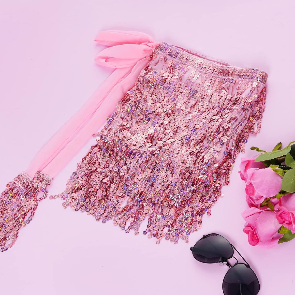 Belly Dance Hip Scarf Sequin Tassel Skirt Wrap Sparkly Rave Costume for Women