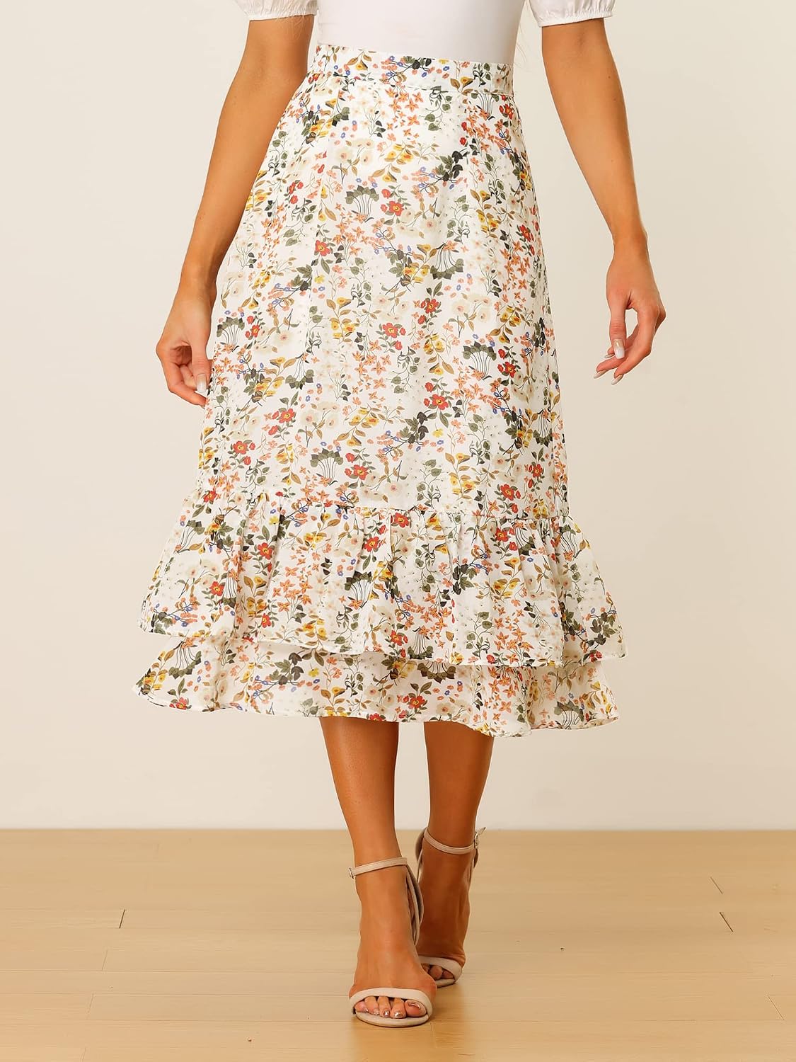 Allegra K Women's Printed Skirt Chiffon Ruffle Tiered Flowy Midi Skirts