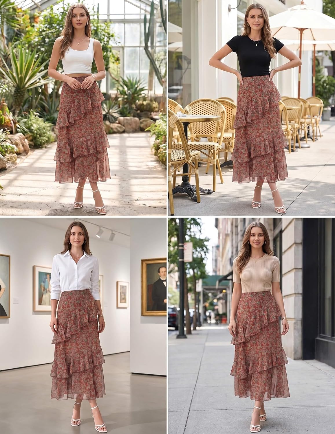 DERAX Women's Boho Floral Midi Skirt A Line Tiered Ruffle Long Skirts